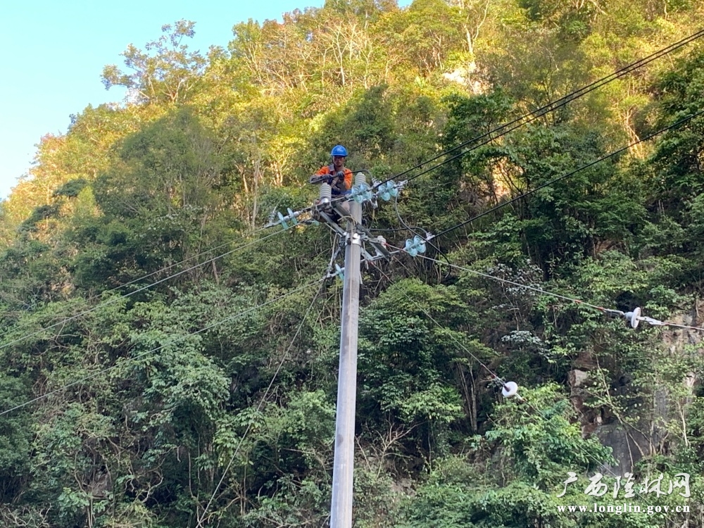 10月17日，百色隆林供电局对10千伏蛇场线卡拱支线的应急改造工程现场。